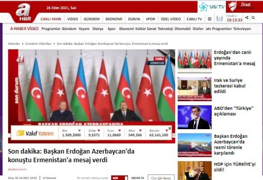 Azərbaycan və Türkiyə prezidentlərinin Zəngilanda mətbuata birgə bəyanatla çıxışı qardaş ölkə telekanalları tərəfindən canlı yayımla təqdim olunub