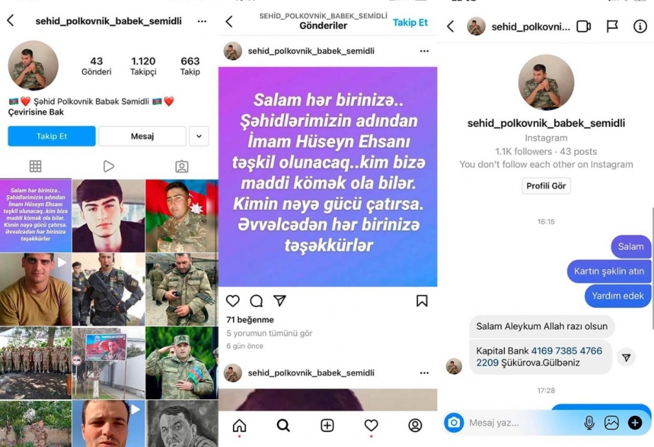 Şəhid polkovnik Babək Səmidlinin adından saxta səhifə açaraq insanlardan pul tələb edən şəxs saxlanılıb VİDEO