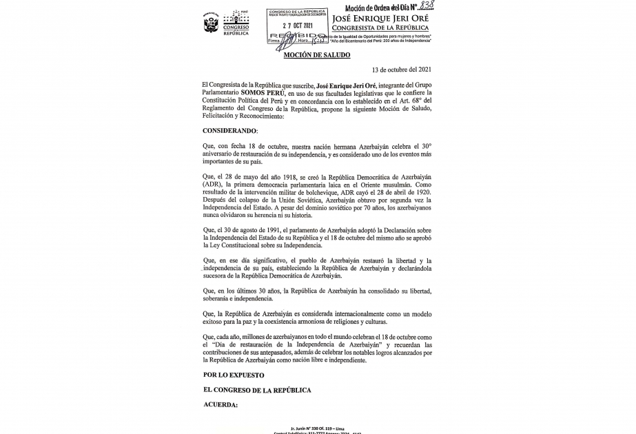 El Congreso de Perú aprueba una declaración sobre el restablecimiento de la independencia de Azerbaiyán