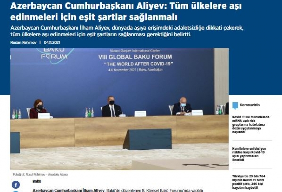 Anadolu Agentliyi Prezident İlham Əliyevin Qlobal Bakı Forumundakı çıxışından geniş informasiya yayıb
