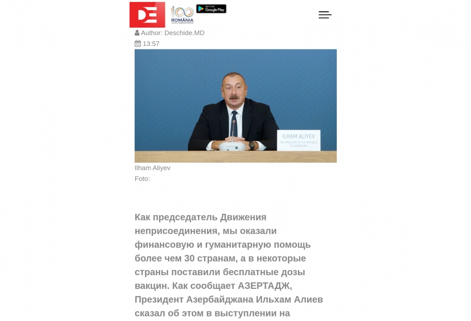 Moldova KİV-ləri Prezident İlham Əliyevin VIII Qlobal Bakı Forumunda çıxışına geniş yer ayırıb