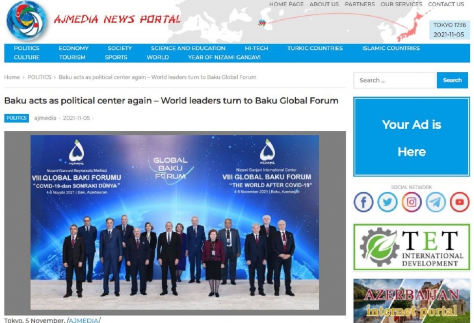 Yaponiya saytı Qlobal Bakı Forumunun əhəmiyyətindən yazıb