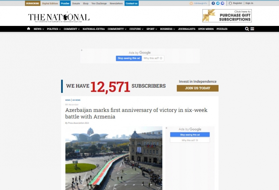 “The National” xəbər portalı: Azərbaycan Ermənistanla altı həftəlik döyüşdə qazandığı Qələbənin birinci ildönümünü qeyd edir