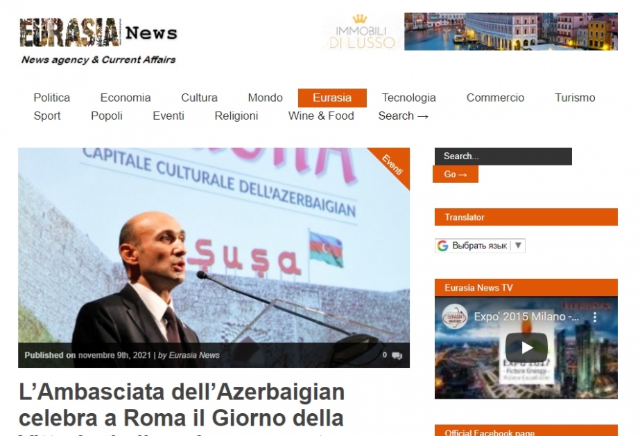 Zəfər Günü münasibətilə Romada Azərbaycanın mədəniyyət paytaxtı Şuşaya həsr olunmuş tədbir İtaliya KİV-lərində geniş işıqlandırılıb