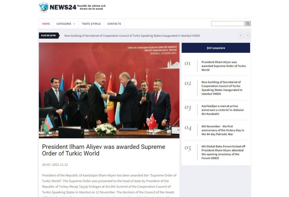 Rumıniya KİV-i Prezident İlham Əliyevə Türk Dünyasının Ali Ordeni təqdim edilməsi barədə məlumat yayıb