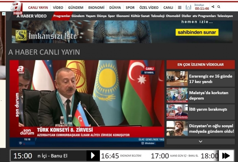 Turkish media highlight President Ilham Aliyev’s speech at 8th Summit of Cooperation Council of Turkic-Speaking States in Istanbul