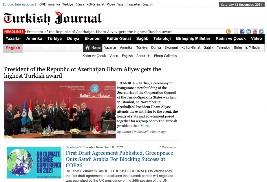 Ceremony of awarding President Ilham Aliyev with Supreme Order of Turkic World in US media spotlight