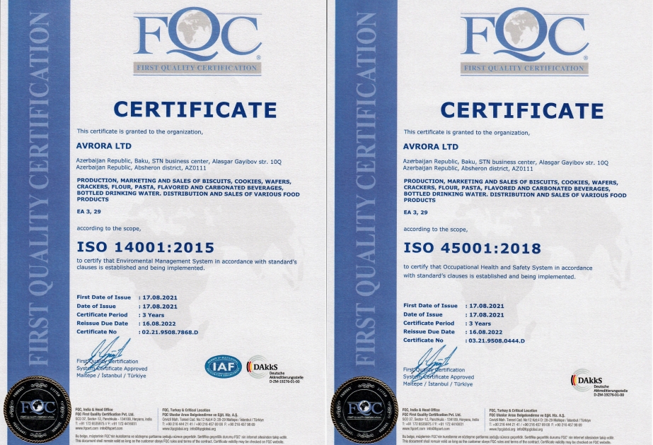 ® Avrora Qrup iki beynəlxalq sertifikat alıb: İSO 14001:2015 və İSO 45001:2018