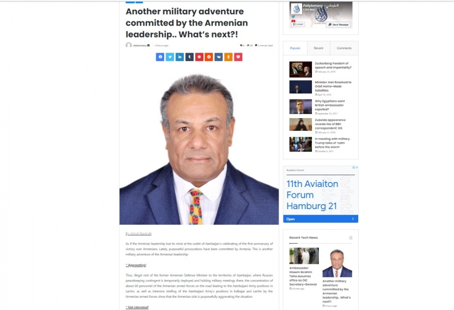 Misirli jurnalist: Ermənistanın hərbi təxribatlarının qarşısı alınmalıdır