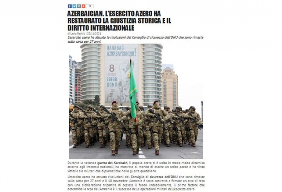 Azərbaycanlı tədqiqatçı İtaliya mediasında Qarabağ həqiqətlərindən və Ordumuzun Zəfərindən yazıb