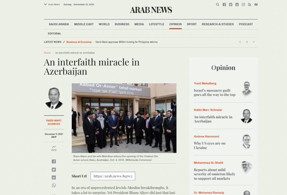 “Arabnews” qəzetində “Azərbaycanda dinlərarası möcüzə” sərlövhəli məqalə dərc edilib