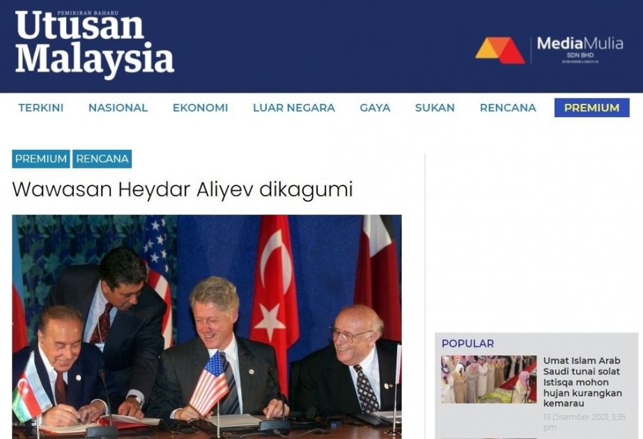 Malayziyanın nüfuzlu qəzeti ümummilli lider Heydər Əliyevə həsr olunmuş məqalə dərc edib