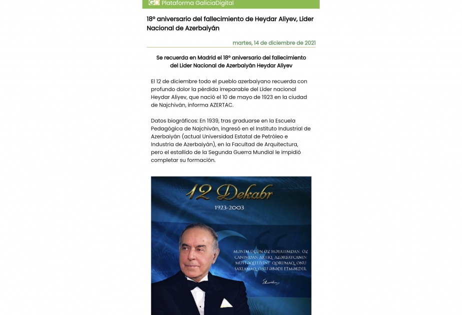 Испанское издание пишет о 18-й годовщине со дня кончины общенационального лидера Азербайджана Гейдара Алиева