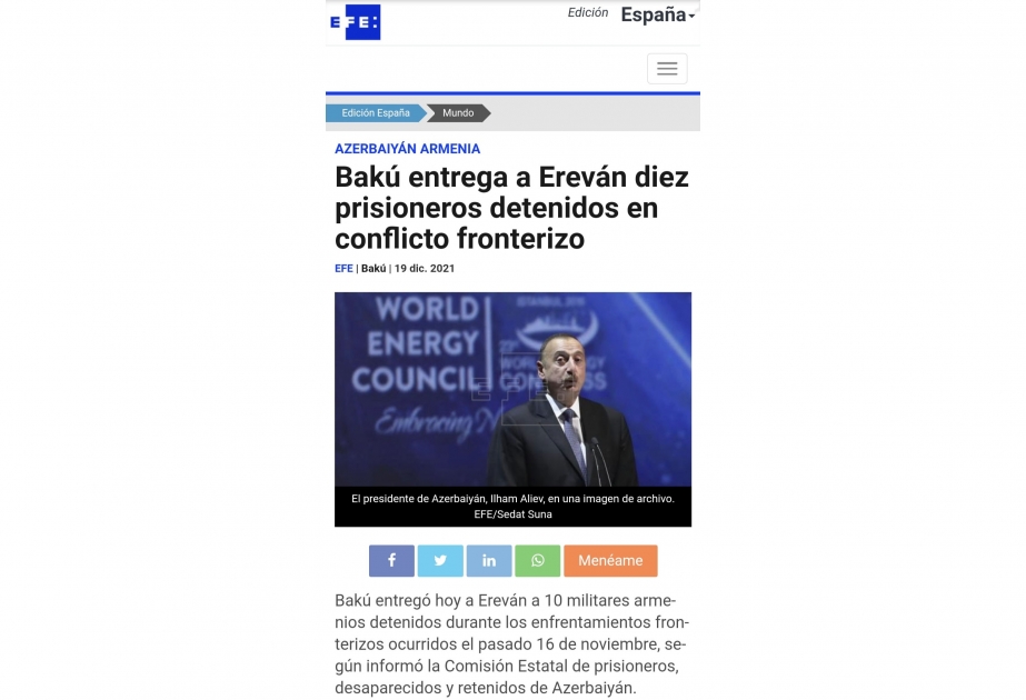 Испаноязычная пресса пишет о передаче Азербайджаном Армении 10 военнослужащих