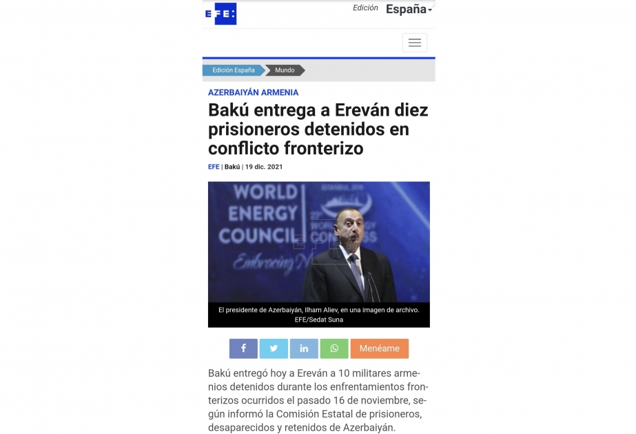 Spanish media outlets post article on Azerbaijan’s handing over to Armenia ten servicemen