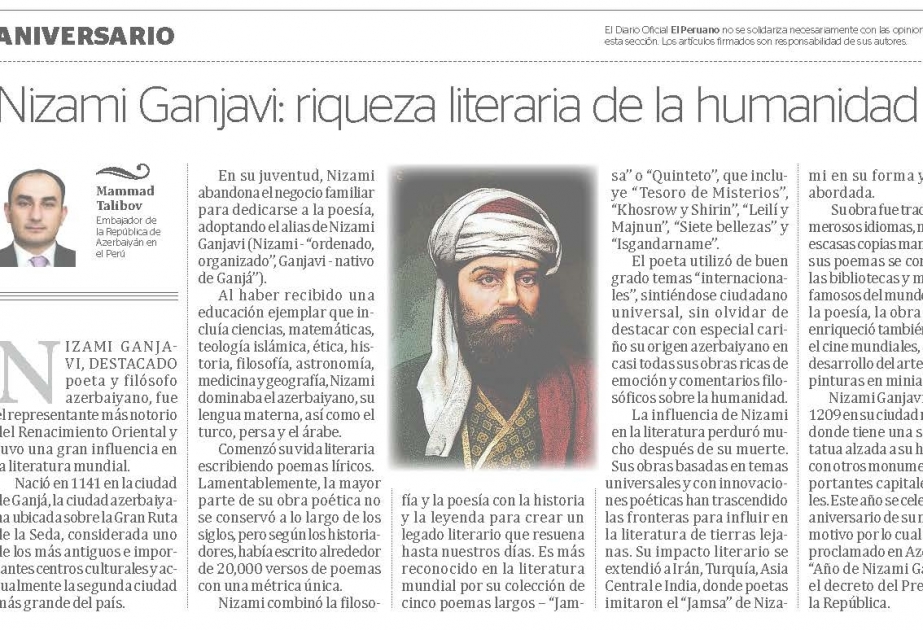Nizami Gəncəvinin zəngin ədəbi irsi Peru mətbuatında