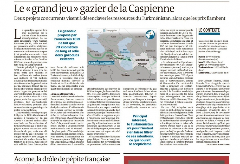 “Le Monde” qəzeti “Transxəzər” qaz kəməri layihəsindən yazıb