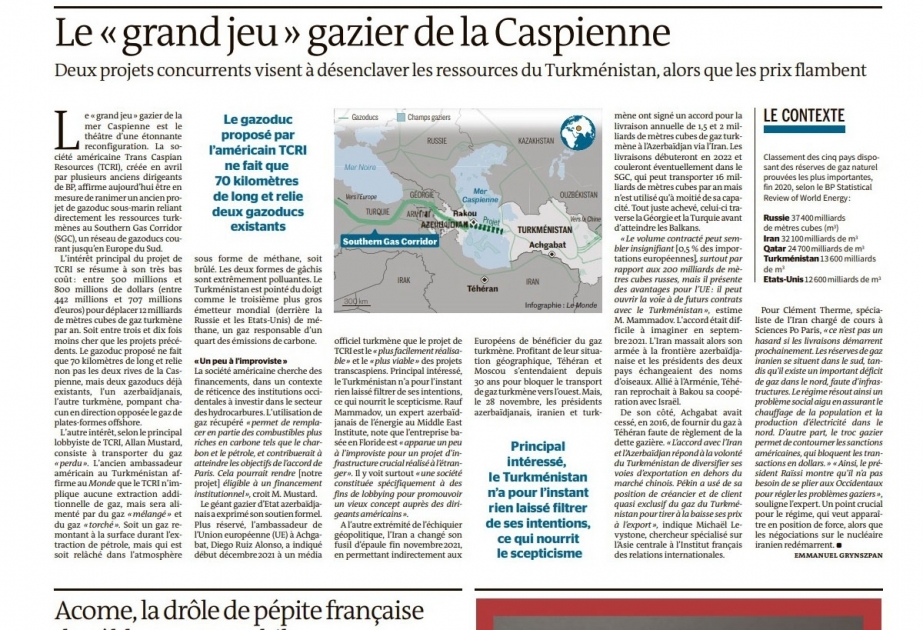 Le Monde newspaper highlights Trans-Caspian gas pipeline project