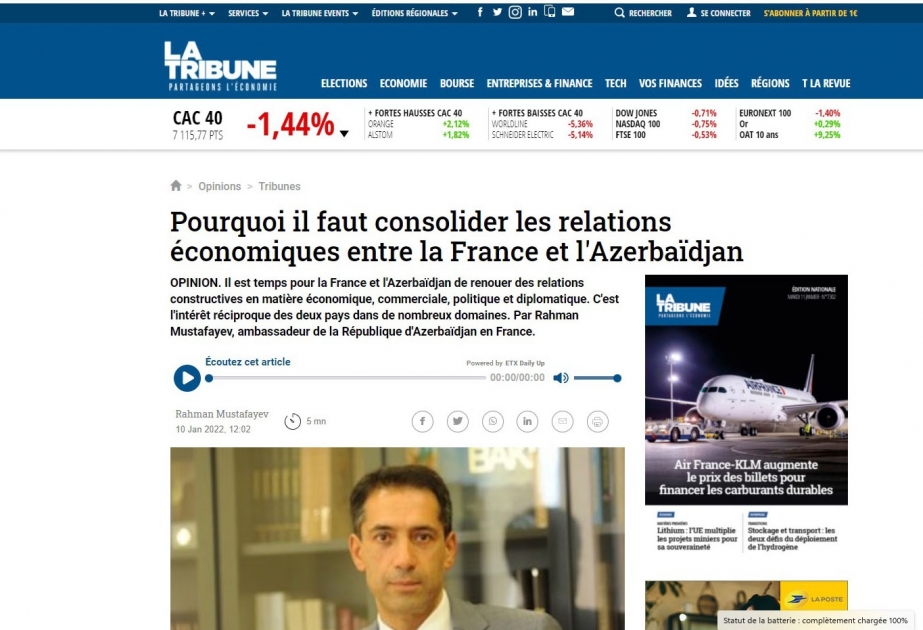 Fransanın “La Tribune” portalında Azərbaycan səfirinin məqaləsi dərc olunub
