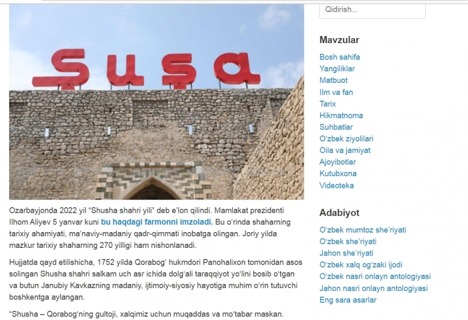 Uzbek portal posts article on declaration of 2022 as Year of Shusha in Azerbaijan