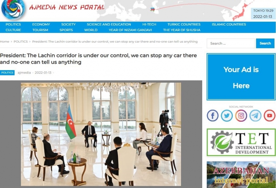 Yaponiya saytı Azərbaycan Prezidentinin yerli telekanallara müsahibəsindən yazıb