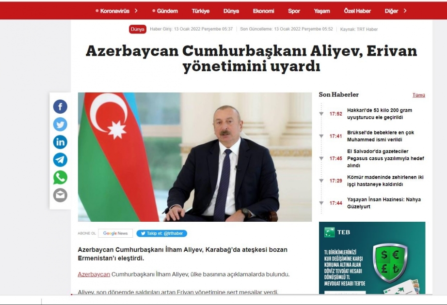 Prezident İlham Əliyevin yerli televiziya kanallarına müsahibəsi Türkiyə mediası tərəfindən geniş işıqlandırılıb