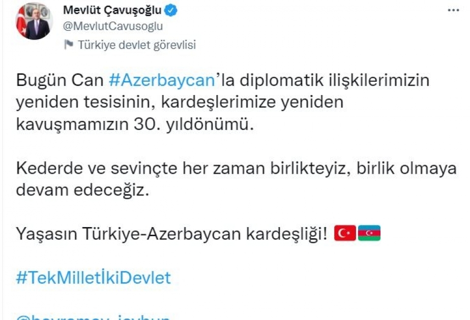 Mövlud Çavuşoğlu: Azərbaycanla birlikdə olmaqda davam edəcəyik