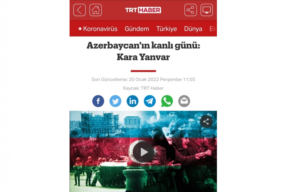 “TRT Haber” agentliyi 20 Yanvar faciəsi ilə bağlı videoçarx hazırlayıb VİDEO