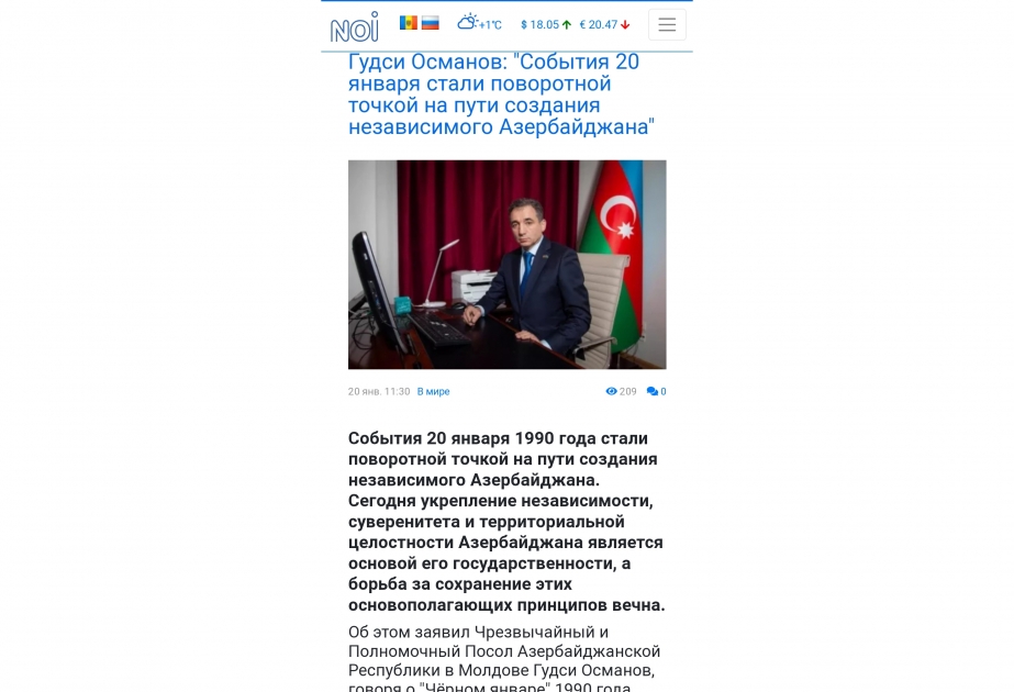 Moldova mətbuatı Azərbaycanın bu ölkədəki səfirinin 20 Yanvar faciəsi ilə bağlı məqaləsini yayımlayıb