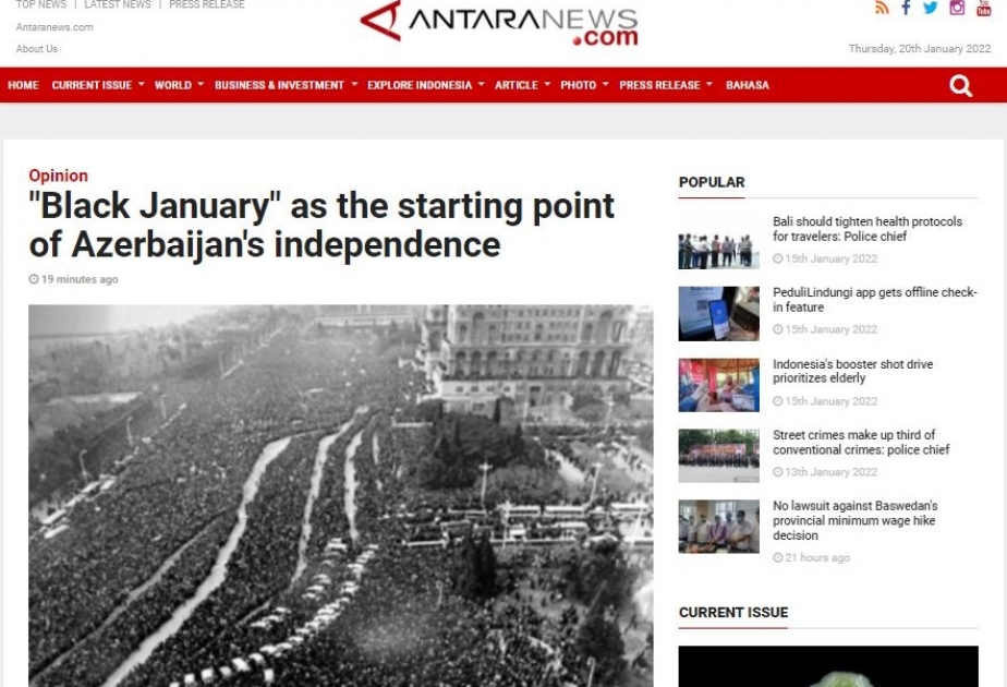 İndoneziya agentlikləri AZƏRTAC-ın xüsusi müxbirinin 20 Yanvar faciəsi haqqında məqaləsini yayıb