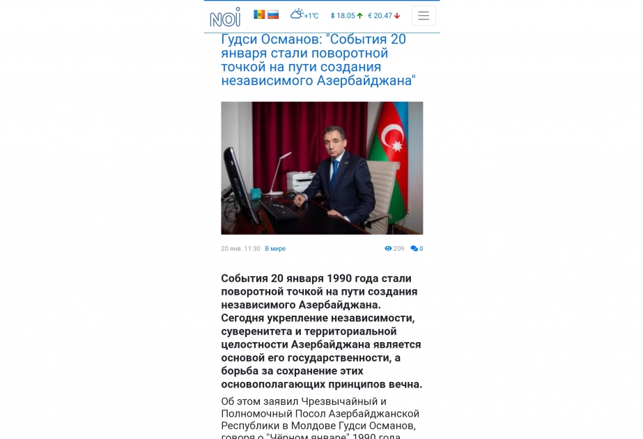 Moldovan media post article by Azerbaijani ambassador on January 20 tragedy