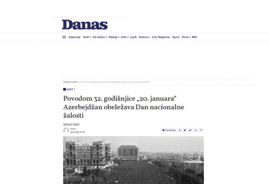 Serbiya mediasında 20 Yanvar faciəsinin 32-ci ildönümü barədə məqalə dərc edilib