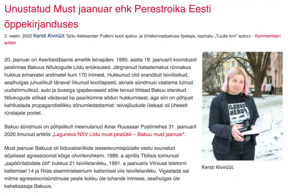Estoniyada 20 Yanvar faciəsinin 32-ci ildönümünə həsr edilmiş məqalə dərc olunub