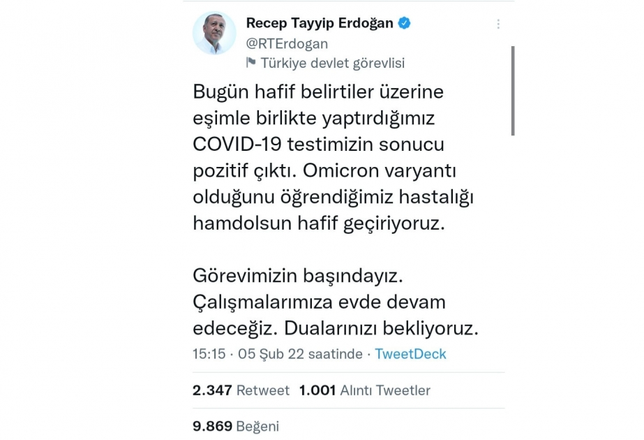 Türkiyə Prezidenti COVID-19-a yoluxub