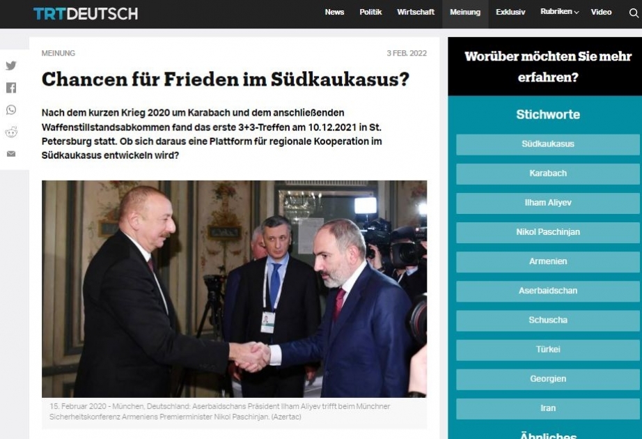 “Trtdeutsch” portalında Cənubi Qafqazda sülh üçün şanslar mövzusunda məqalə dərc olunub