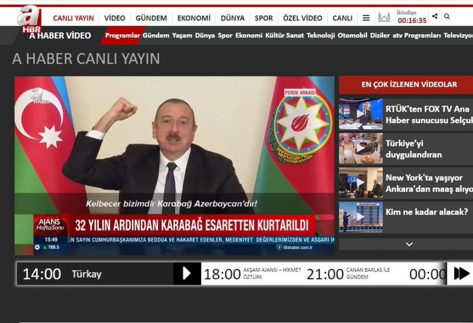 Türkiyənin “A Haber” telekanalı Qarabağın işğaldan qurtuluşu mövzusunda xüsusi reportaj yayıb