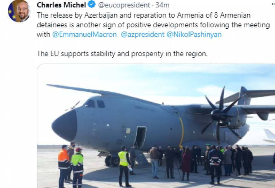 Charles Michel: Azerbaijan`s handover of 8 Armenian servicemen to Armenia is another sign of positive developments