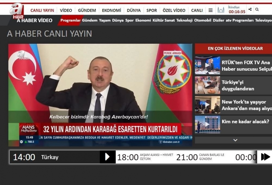 Turkish “A Haber” TV channel broadcasts special reportage on liberation of Karabakh from occupation