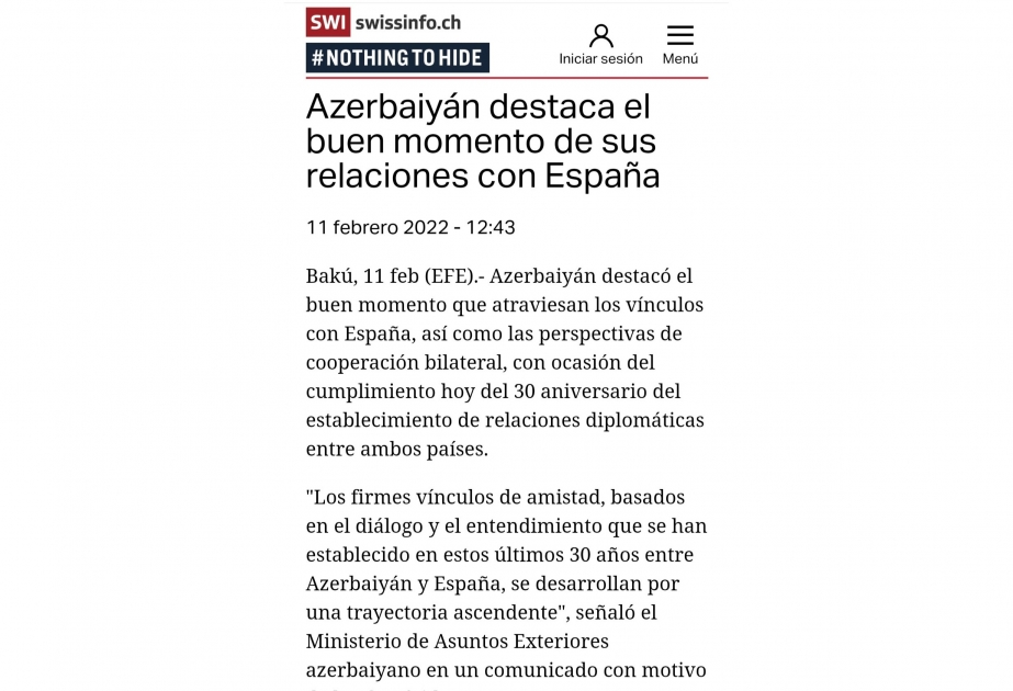 İspaniya ilə Azərbaycan arasında diplomatik münasibətlərin yaradılmasının 30 illiyi münasibətilə Azərbaycan XİN-in bəyanatı ispandilli nəşrlərdə dərc edilib