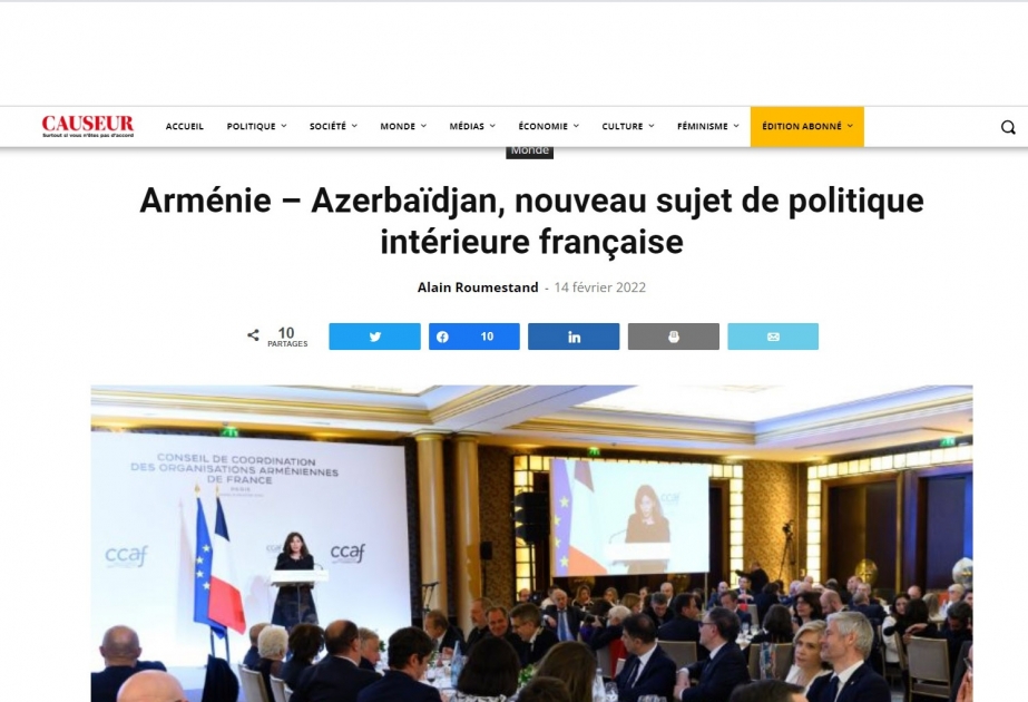 Fransa portalında “Fransanın daxili siyasətinin yeni mövzusu - Ermənistan-Azərbaycan” sərlövhəli məqalə dərc olunub