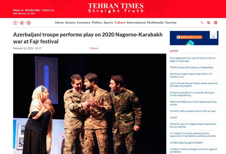 Azerbaijani troupe performs play on 2020 Nagorno-Karabakh war at Fajr festival