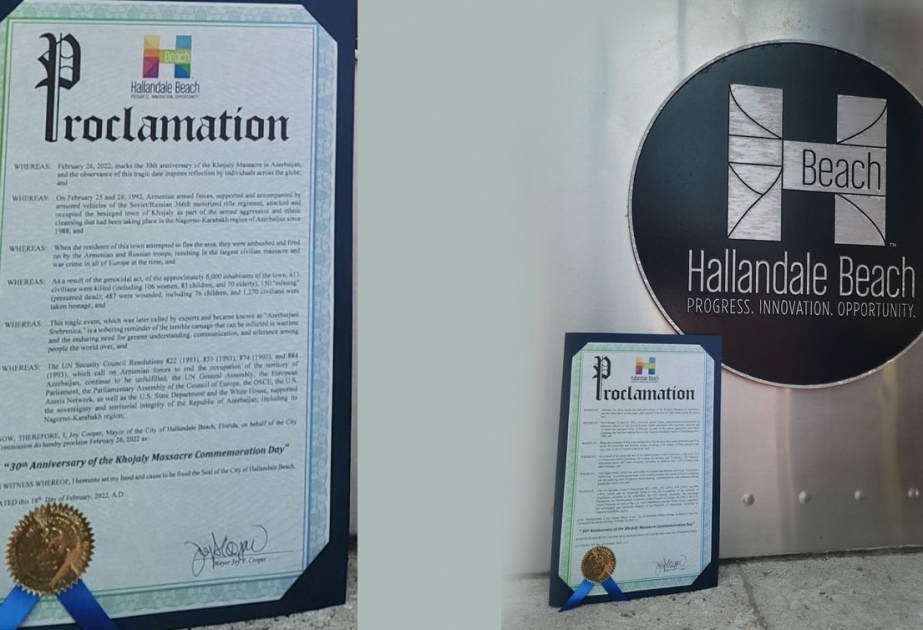 Mayor of Hallandale Beach signs Proclamation on 30th anniversary of Khojaly genocide