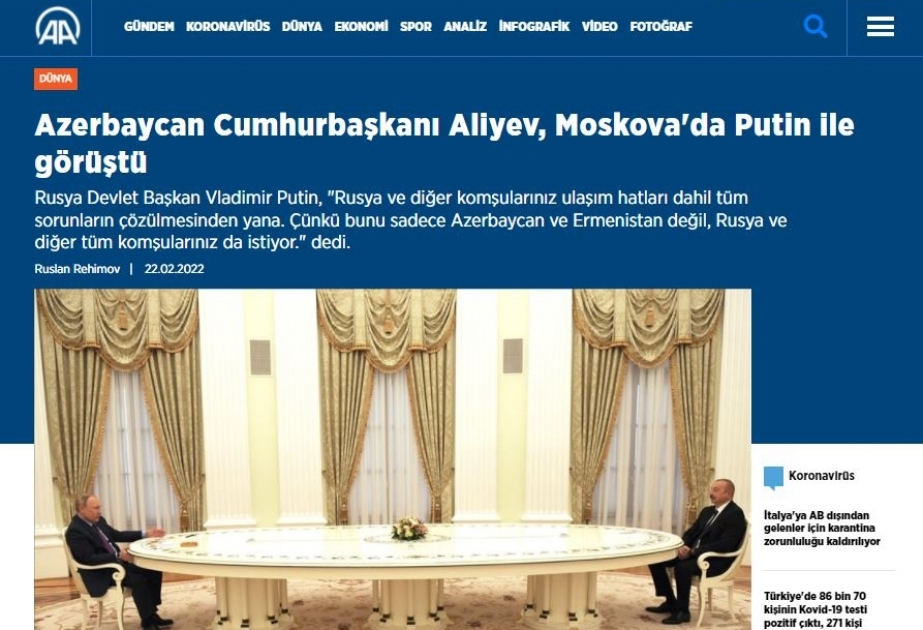 Anadolu Agentliyi Prezident İlham Əliyevin Rusiya səfərini geniş işıqlandırıb