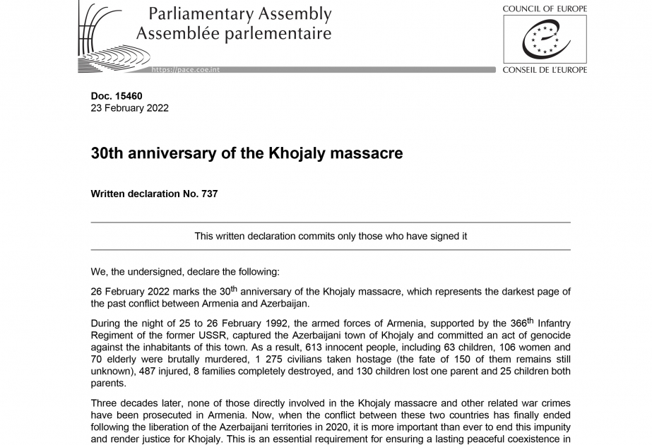 ПАСЕ распространило письменное заявление в связи с 30-летием Ходжалинского геноцида