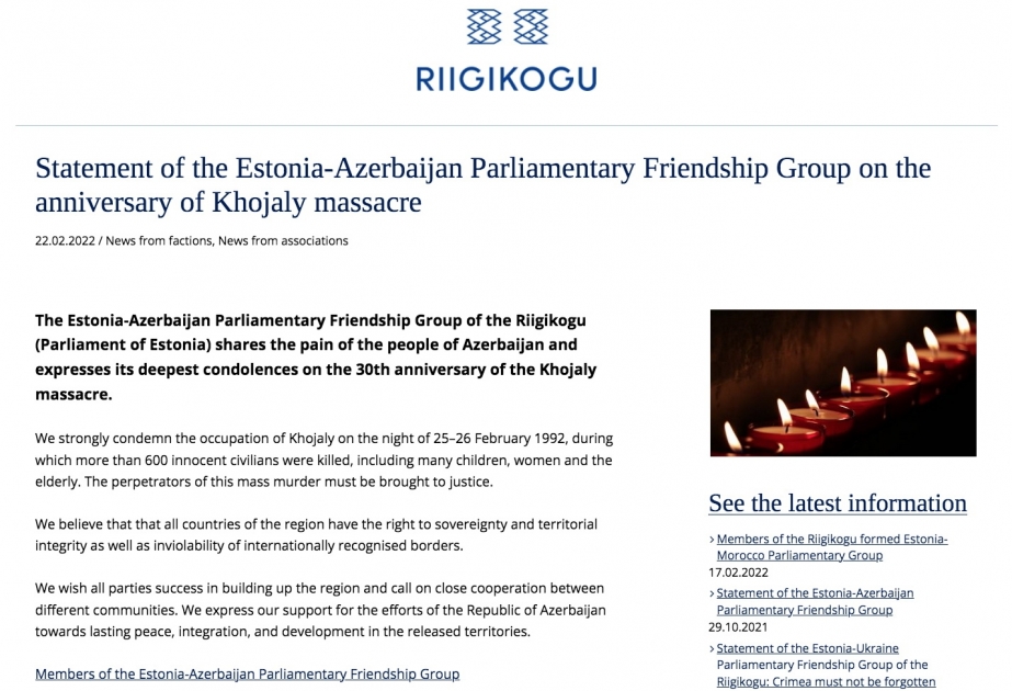 Estoniya-Azərbaycan parlamentlərarası dostluq qrupu Xocalı soyqırımının ildönümü ilə bağlı bəyanat yayıb