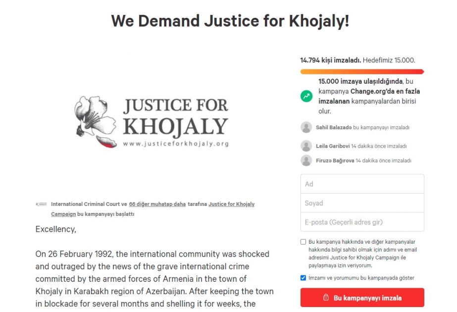 “Xocalıya ədalət!” beynəlxalq kampaniyası çərçivəsində başladılan petisiyanın imzalanması işi davam etdirilir
