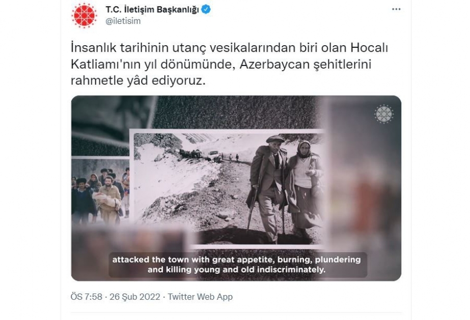 Türkiyə Prezidenti Administrasiyasının Kommunikasiya İdarəsi Xocalı soyqırımına həsr olunan film hazırlayıb