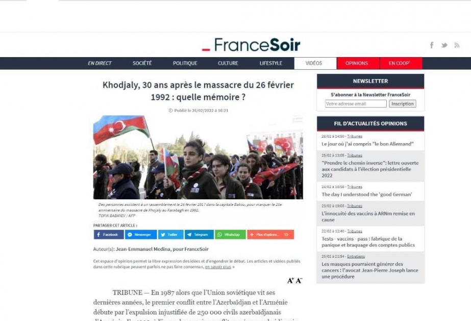 Le site web francesoir.fr publie un article consacré au massacre de Khodjaly
