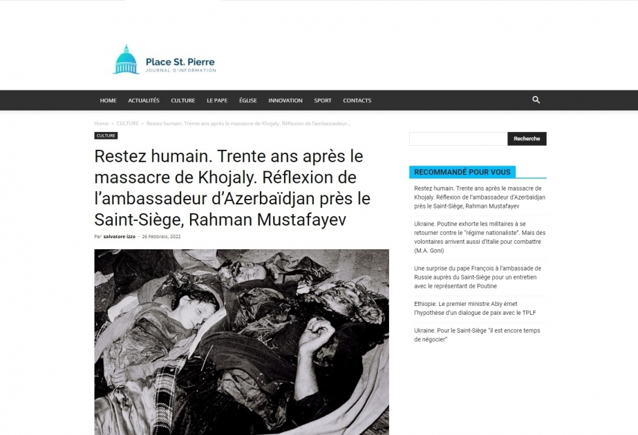 Un article sur le génocide de Khodjaly a été publié sur un site web du Vatican