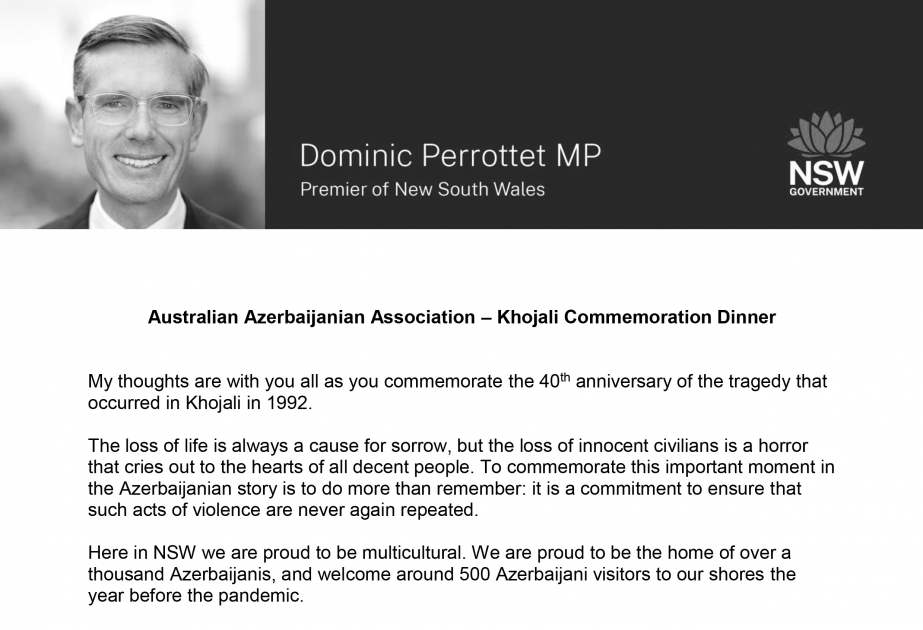 Premier of New South Wales expresses solidarity with Azerbaijan on Khojaly tragedy